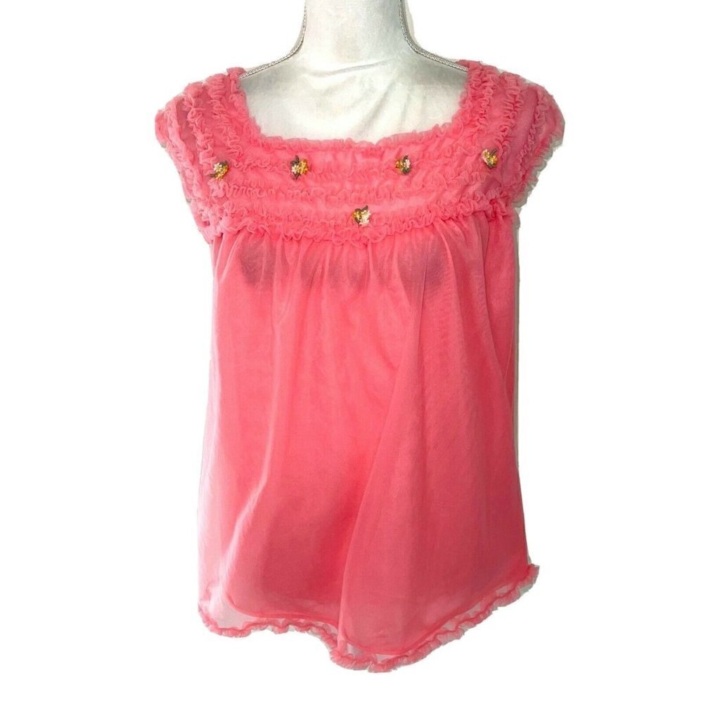 Layered Nightie Top Womens Size Small S Vintage Pure Nylon Ruffle Applique Pink